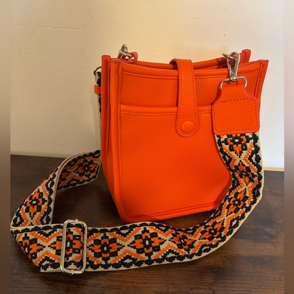 Orange Crossbody Bag with Patterned Strap